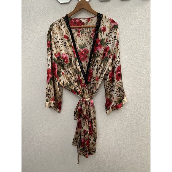 Vintage Secret Treasures Satin Robe 3XL Rose and Leopard Print Lace Trim - Picture 1 of 8